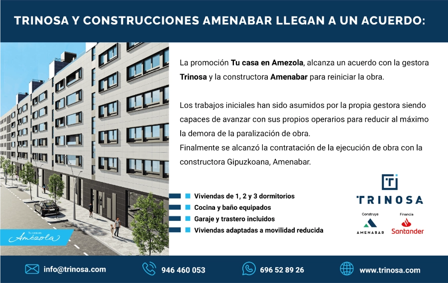 Imagen de la nota de prensa donde se comunica que la constructora Amenabar construirá la promoción de viviendas de obra nueva Tu casa en Amezola - Trinosa