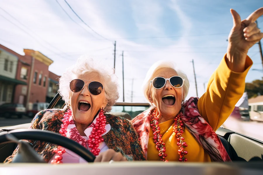 Dos mujeres mayores sonrientes y felices, usando gafas de sol y collares llamativos en color rojo, disfrutan de un paseo en coche descapotable en un día soleado. La imagen transmite alegría y vitalidad en la tercera edad.