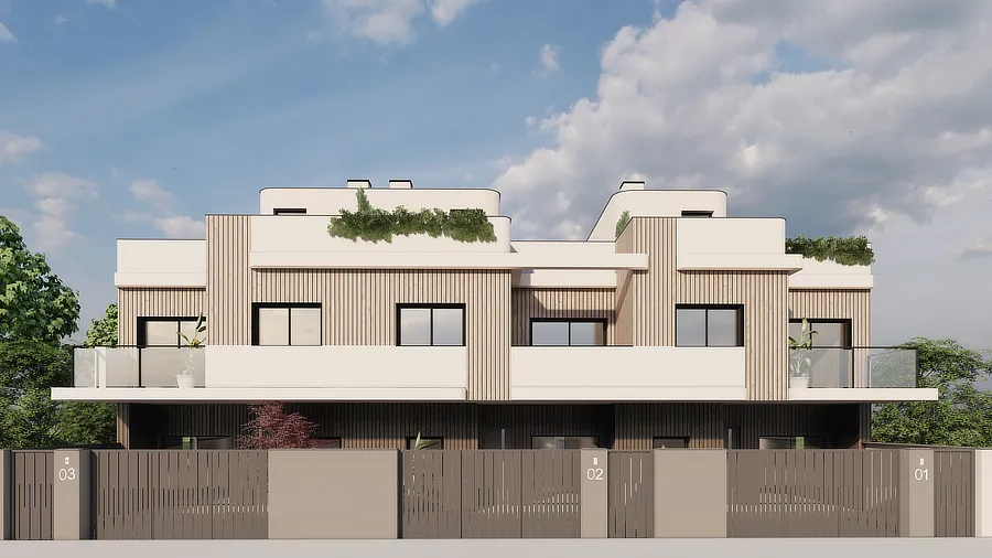 Dos casas adosadas de diseño contemporáneo, con fachadas en tonos blancos y detalles en madera. Cada vivienda tiene amplios balcones y terrazas, con vegetación en la parte superior. El cielo está despejado y las casas están separadas por elegantes puertas de meta